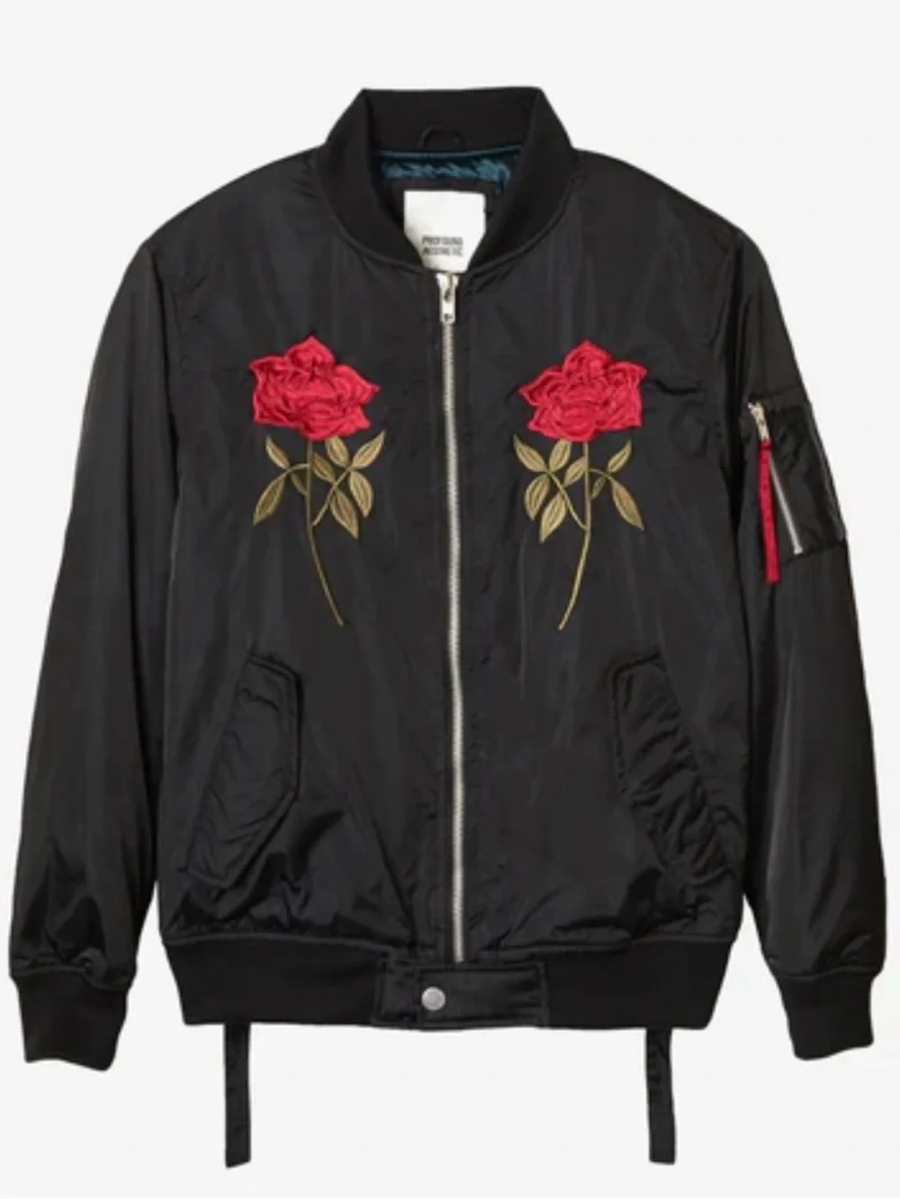 Black Bomber Jacket with Red Rose Embroidery